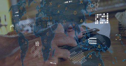 Senior man using smartphone and mouse with global hud overlay for data visualization