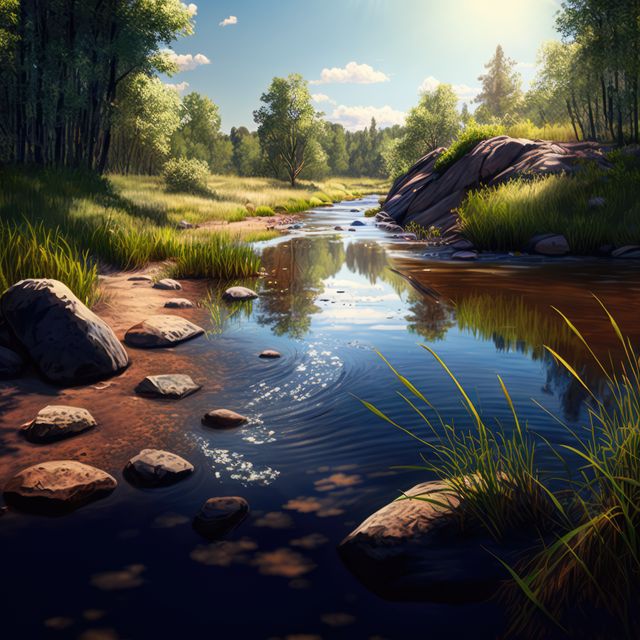 Scenic landscape with river creek and forest, created using generative ai technology. Nature, scenery and beauty in nature concept digitally generated image.