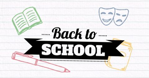 Back to school banner with school icons on ruled paper