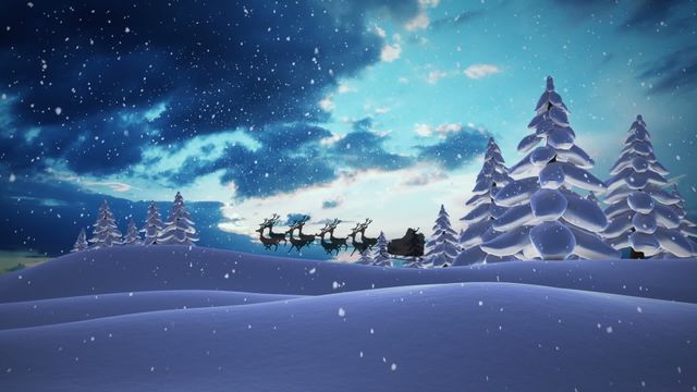 Silhouette of Santa Claus riding his sleigh, pulled by reindeers, across a snowy winter landscape. The sky is filled with clouds and falling snowflakes, creating a magical and festive holiday scene. Ideal for holiday greeting cards, seasonal marketing campaigns, Christmas advertisements, and festive decorations.