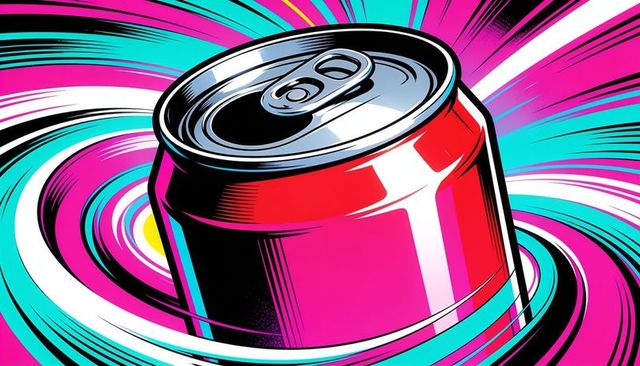 Spinning neon soda can in pop art swirl with vibrant cyan magenta motion