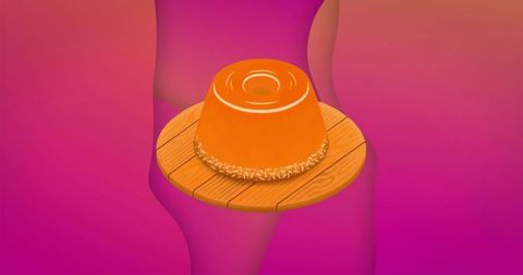 Orange gelatin dessert with coconut against vibrant gradient