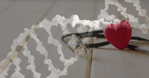 Dna strand hovering over heart symbol and stethoscope