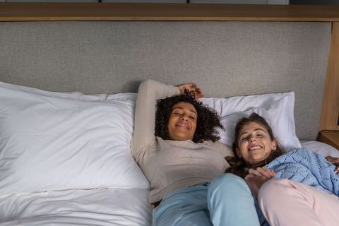 Diverse Female Friends Relaxing Together in Modern Bedroom