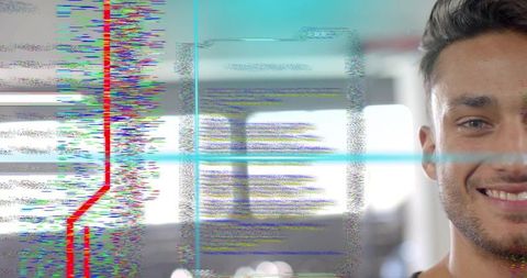 Handsome man smiling amidst futuristic digital glitch effects