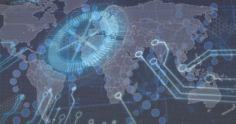 Futuristic Holographic Interface Over World Map with Glowing Nodes