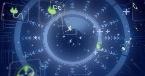 Futuristic energy HUD visualizing CO2 emissions, smart grid data and neon dashboard