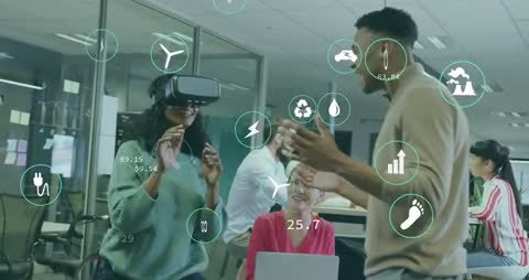 Team Collaborating in Futuristic Office with VR and Tech Metrics