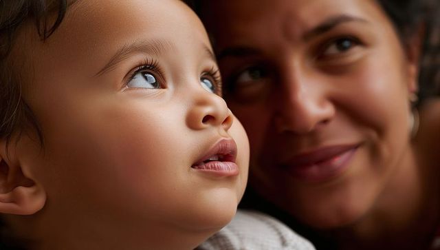 Toddler gazing upward with smiling mother, warm close-up family moment