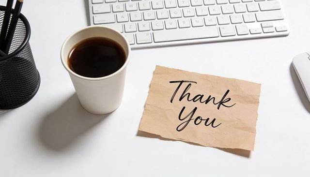 Featuring crumpled kraft thank you note on minimal white desk with coffee and keyboard