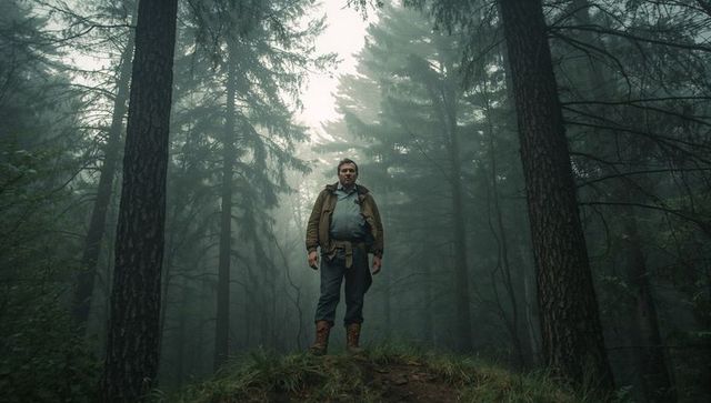 Solitary hiker standing on mossy mound surveying misty pine forest at dawn