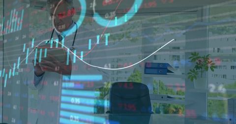 Doctor reviewing medical data with financial charts overlay in clinic office