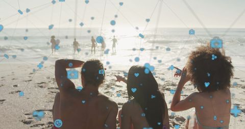 Friends Enjoying Sunrise with Digital Social Media Network Overlay