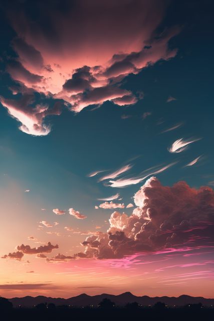 Scenery with clouds, sky and sun light, created using generative ai technology. Cloud and sky scenery, weather and beauty in nature concept digitally generated image.