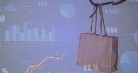 Hanging reusable bag on branch with finance charts overlay for sustainable retail growth