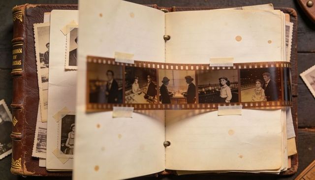 Vintage filmstrip on open scrapbook with sepia portraits evoking nostalgic family memories