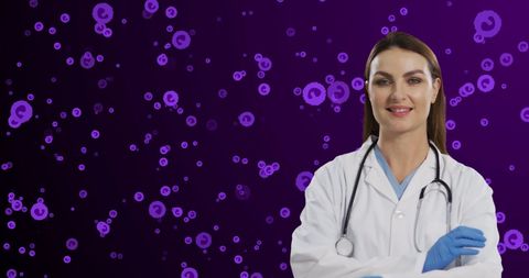 Smiling Female Doctor Against Vibrant Medical Background