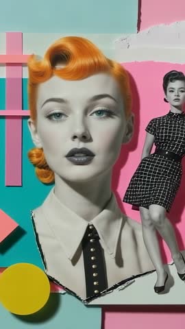 Vertical pop-art collage video showcasing portrait with studded tie and grayscale figure