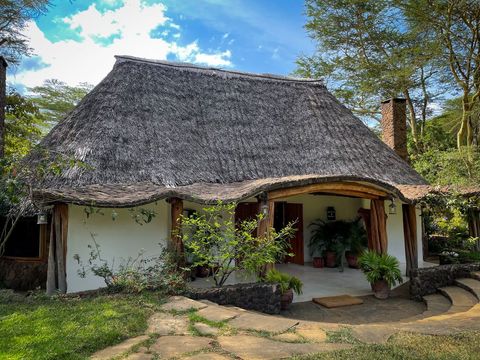 Traditional thatched roof house in african landscape design