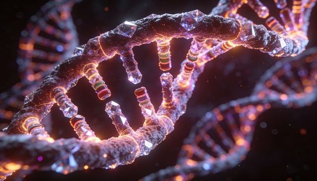 Crystalline dna double helix glowing with luminescent particles and faceted backbone