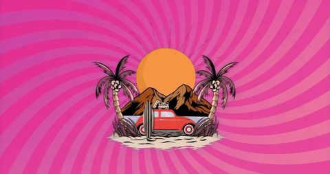 Vintage Destination: Retro Car with Palms and Surfboard Under Vibrant Sunset