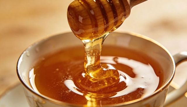 Drizzling honey from wooden dipper into porcelain cup closeup golden syrup macro