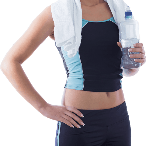 Sporty woman with towel and water finishing workout session transparent