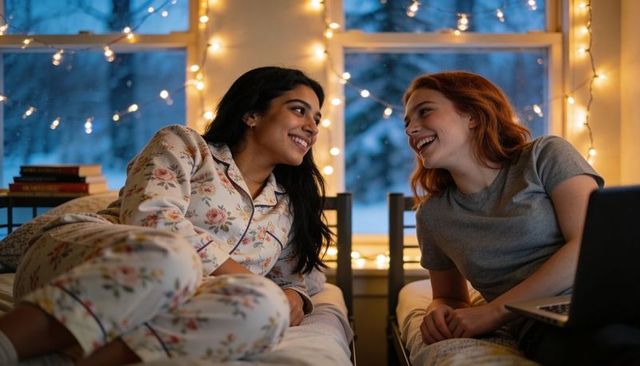 College roommates laughing in cozy dorm room wearing floral pajamas with string lights