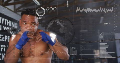 Shirtless boxer training with blue hand wraps in gritty ring with futuristic hud overlay
