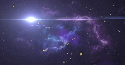 Radiant stellar flare and purple nebula with gold stars and cinematic lens flares