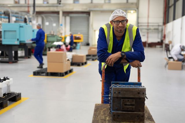 Front view of a happy biracial male worker wearing a hair net, glasses, blue overalls and a high visibility vest, standing in a busy factory warehouse, leaning against a trolley with equipment on it, looking to camera and smiling, with machinery and another worker in the background