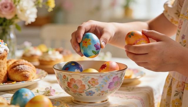 Child arranging hand-painted easter eggs in floral bowl on sunlit spring table with pastries