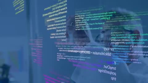 Senior Scientist Analyzing Data with Digital Code Interface