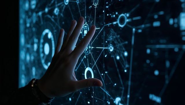 Hand navigating futuristic holographic network interface on dark neon touchscreen