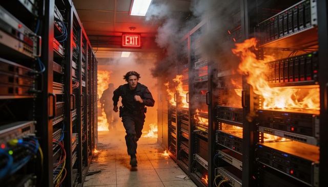 Security guard sprinting through data center aisle with burning server racks and exit sign