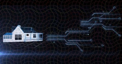 3D Wireframe House with Digital Circuit Connectivity