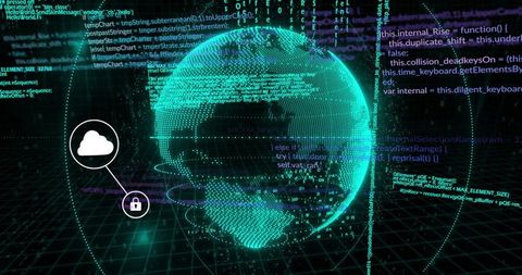 Rotating Holographic Globe Visualizing Secure Cloud Network with Padlock Icon and Data