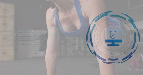 Woman holding plank with digital hud overlay for fitness tracking, training performance