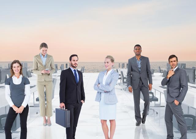 Digital composite image of well dressed business executives standing in office