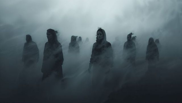 Mystical Figures Emerging from Whirling Fog