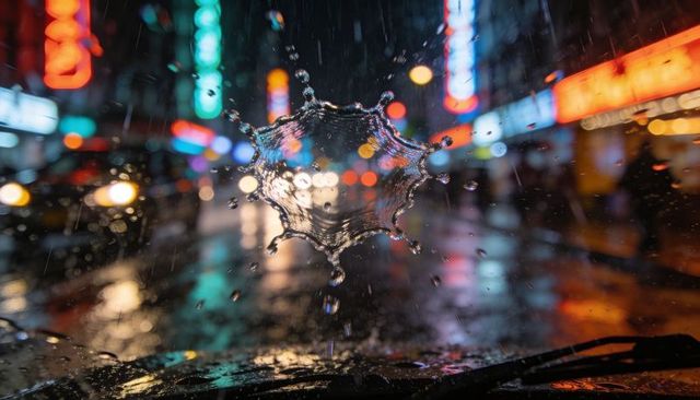 Splashing raindrop striking windshield, neon city reflections, blurred bokeh streetlights