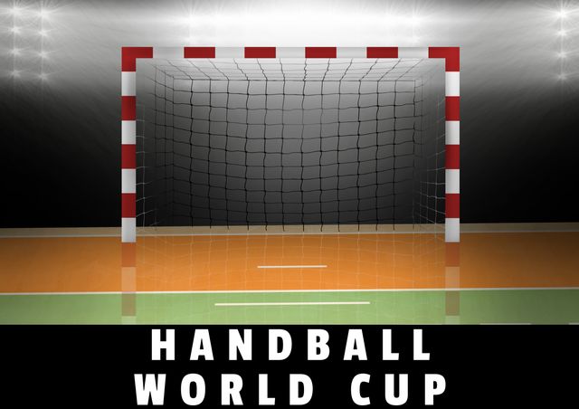 Composite image of handball world cup text with goal post at illuminated sports court. handball world cup, sport and competition.