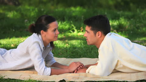 Couple Relaxing on Blanket in Sunlit Park