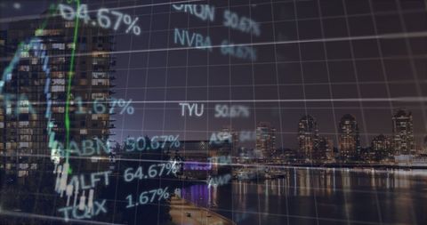 Financial Data Overlay on Cityscape Indicating Global Business