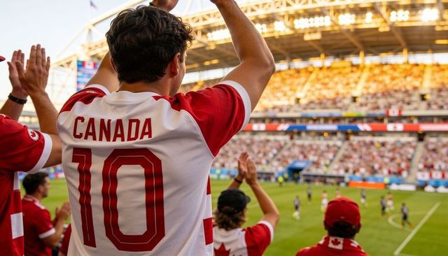 Canadian soccer fan wearing number 10 jersey cheering at packed stadium during golden hour