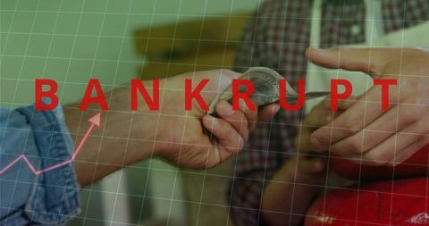 Hands exchanging cash at retail checkout with bankrupt overlay and declining financial graph