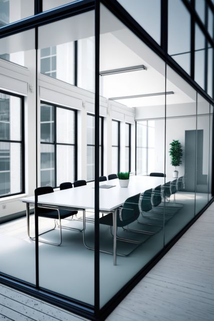 This visually appealing image features a modern conference room with glass walls, located in a sleek corporate office setting. The conference table is surrounded by stylish chairs and decorated with minimalistic décor including a potted plant. The large windows allow natural light to permeate the room, providing an inviting and professional atmosphere. This image could be used in contexts discussing business environments, office design, professional meetings, or corporate culture.