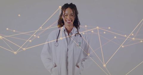 Smiling Female Doctor with Stethoscope and Digital Network Overlay
