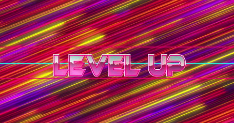 Bright Level Up Text Over Dynamic Colorful Light Trails