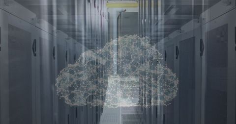Digital cloud symbol projected in modern data center